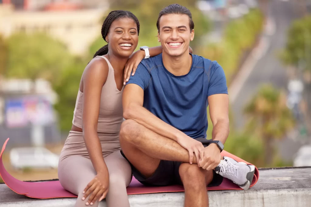 fitness yoga and portrait of couple in city on br utc